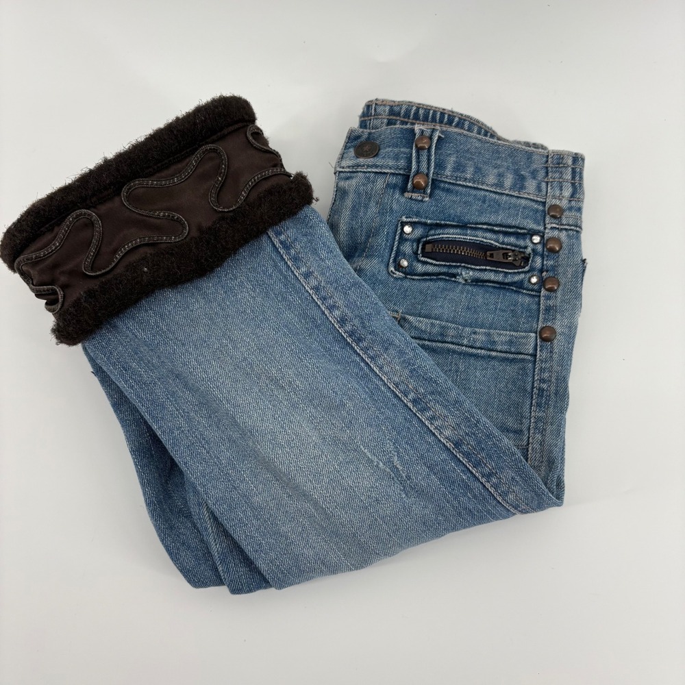 Mary Kate and Ashley Girls 6 Denim Jeans Blue Fur Trimmed Pockets Y2K